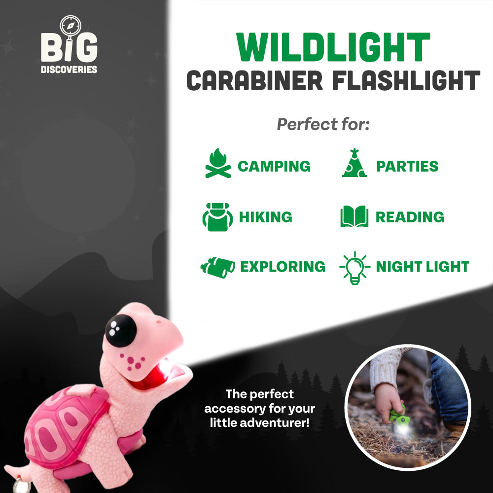 Tortoise-shaped carabiner flashlight with promotional text on a dark background