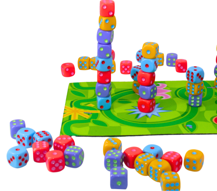 Colorful dice game with a green board featuring a dragon design on a white background